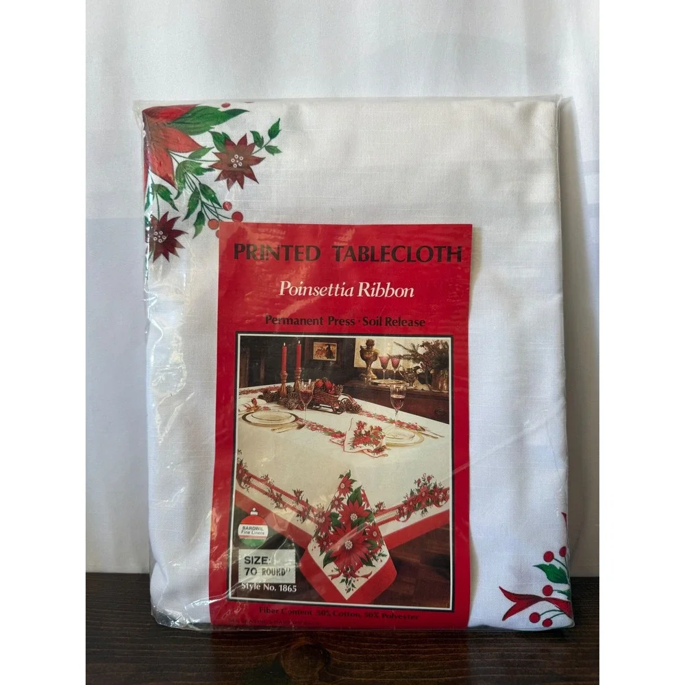 Bardwil Fine Linens Poinsettia Ribbon Round Tablecloth 70 Inch Christmas Holiday